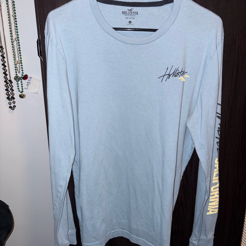 Hollister Pale Blue Long Sleeve Logo Tee with Sleeve Script